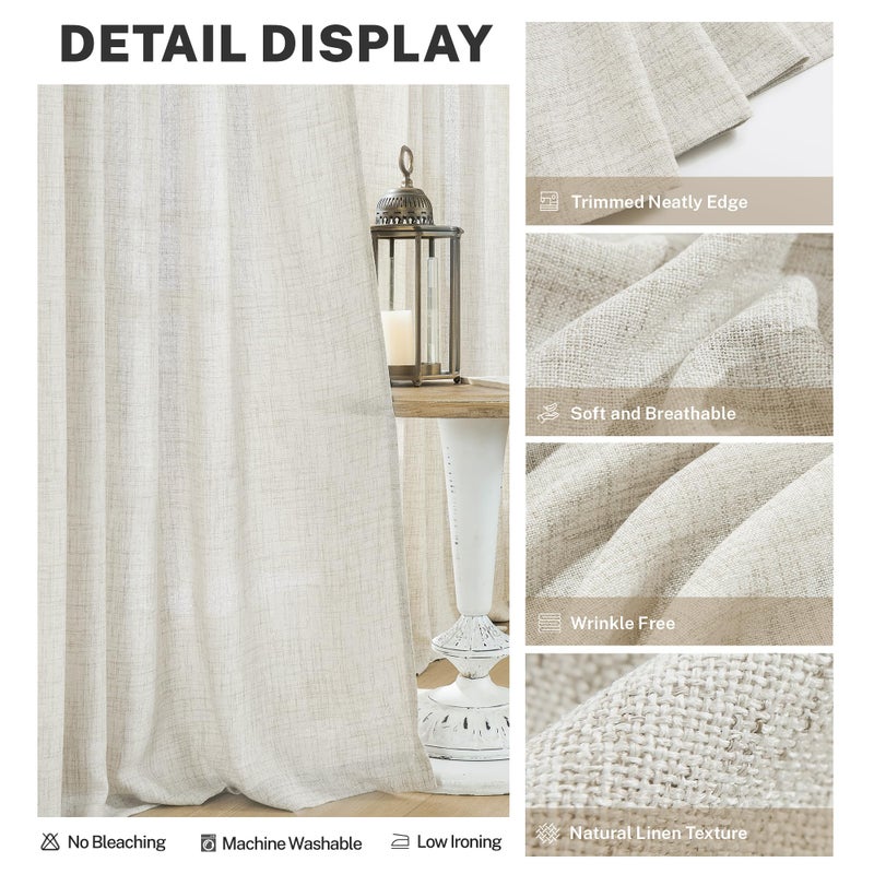 MEETBILY Natural Linen Curtains 96 Inches Long for Living Room 2 Panels Set Back Tab Pocket Light Filtering Semi Sheer Airy Farmhouse Flax Linen Drapes for Bedroom Dining Room (Cream/Off White) 8 FT - Image 3